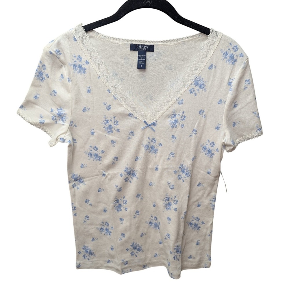 Chaps Floral‎ Lace Trim Tee Women S White Blue New Cotton Short Sleeve Soft Girl